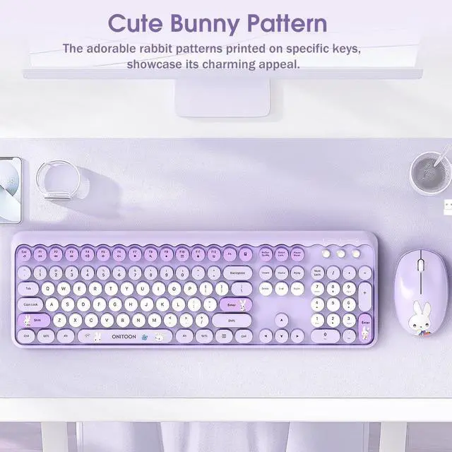 Alt view image 3 of 7 - Wireless Keyboard and Mouse Combo, 2.4GHz Retro Full-Sized Keyboard and Wireless Quiet Mouse for Office PC Desktops Laptops Computer, Cute Bunny Theme, Purple