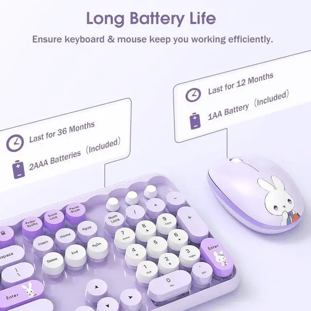 Alt view image 7 of 7 - Wireless Keyboard and Mouse Combo, 2.4GHz Retro Full-Sized Keyboard and Wireless Quiet Mouse for Office PC Desktops Laptops Computer, Cute Bunny Theme, Purple