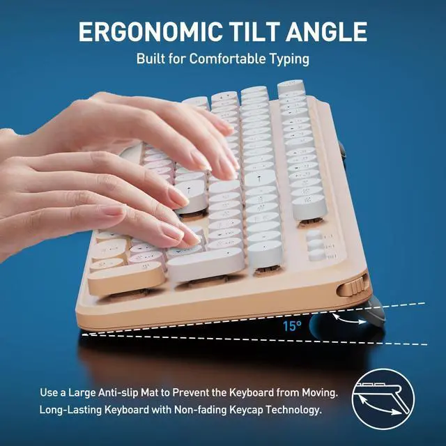 Alt view image 3 of 7 - Wireless Keyboards Mouse Combos, Colorful Cute Typewriter Full-Size Retro Round Keycaps, 2.4GHz Cordless Sleep Mode Office Quiet Wireless Keyboard and Mouse Set for Desktop Laptop PC Computer