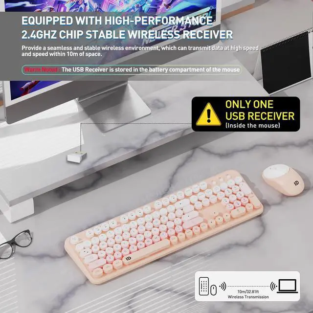 Alt view image 5 of 7 - Wireless Keyboards Mouse Combos, Colorful Cute Typewriter Full-Size Retro Round Keycaps, 2.4GHz Cordless Sleep Mode Office Quiet Wireless Keyboard and Mouse Set for Desktop Laptop PC Computer
