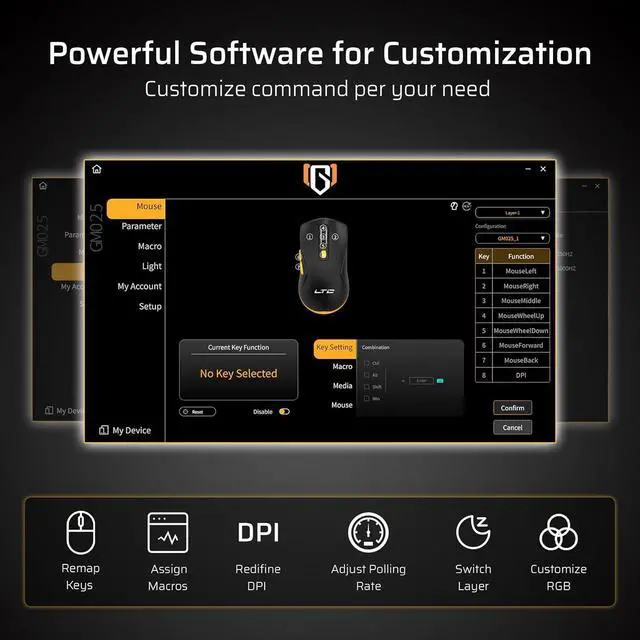Alt view image 6 of 7 - LTC GM025 Tri-Mode Wireless Gaming Mouse,12000 DPI PAW3311 Sensor, Ergonomic Mouse 2.4Ghz/BT/Wired, 6 Programmable Buttons, Customizable RGB Lighting, Pro Software