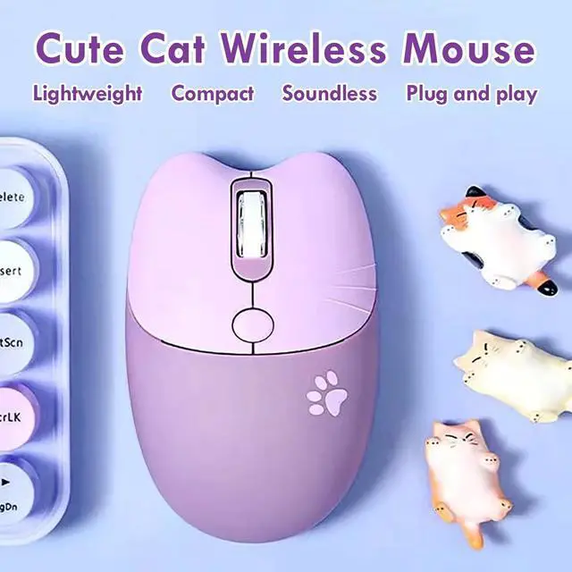 Alt view image 2 of 7 - Lomiluskr Cute Cat Wireless Mouse, Lightweight Soundless Mice, 2.4G Wireless Mice, Candy Colors, Kawaii Mouse for Girls and Kids (Purple)
