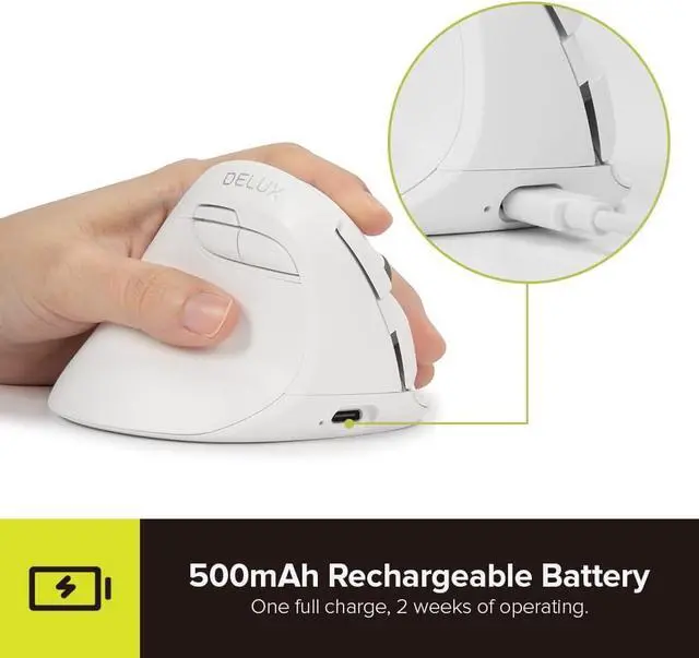 Alt view image 5 of 7 - DeLUX Left Handed Ergonomic Vertical Mouse, Reduce Hands Strain Rechargeable Silent BT Wireless Ergo Mouse with USB Receiver, 6 Buttons and 4000 DPI for Carpal Tunnel (M618ZD-White)