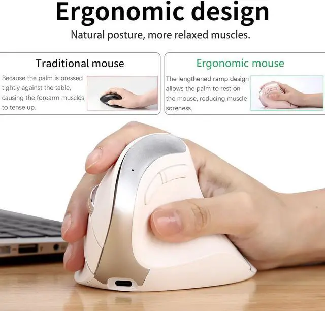Alt view image 3 of 6 - B310 Ergonomic Mouse, Vertical Wireless Mouse, 2.4G USB Receiver and Two Bluetooth, RGB Light, Rechargeable Multi Devices Mouse for Computer, Laptop, iPad, MacBook Pro/Air (White)