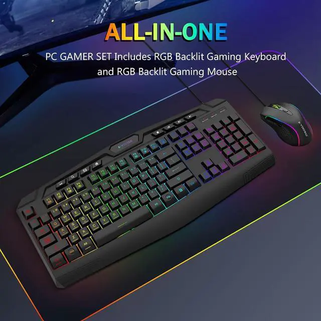 Alt view image 2 of 7 - Wired Gaming Keyboard and Mouse Combo, CQ109 RGB LED Backlit Anti-ghosting Quiet Membrane Keyboard with 104 Keys + Extra 8 Hotkeys, 1000-3200 DPI RGB Mouse for PC/Xbox/PS4 (Black)