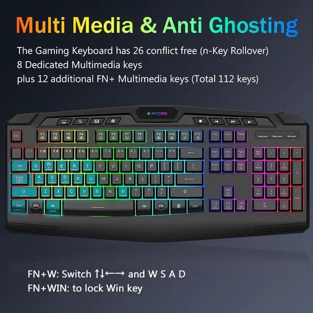 Alt view image 4 of 7 - Wired Gaming Keyboard and Mouse Combo, CQ109 RGB LED Backlit Anti-ghosting Quiet Membrane Keyboard with 104 Keys + Extra 8 Hotkeys, 1000-3200 DPI RGB Mouse for PC/Xbox/PS4 (Black)