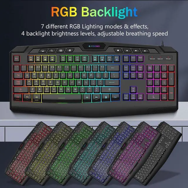 Alt view image 3 of 7 - Wired Gaming Keyboard and Mouse Combo, CQ109 RGB LED Backlit Anti-ghosting Quiet Membrane Keyboard with 104 Keys + Extra 8 Hotkeys, 1000-3200 DPI RGB Mouse for PC/Xbox/PS4 (Black)