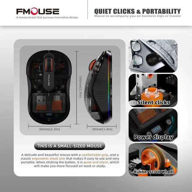 Alt view image 5 of 6 - Novel Transparent Wireless Mouse, Tri-Mode (Dual Bluetooth+2.4GHz), USB-C Receiver Ideal for MacBook/Laptops/PC, Rechargeable, Portable, Silent, Clear Mice for Business Trips & Office - Black