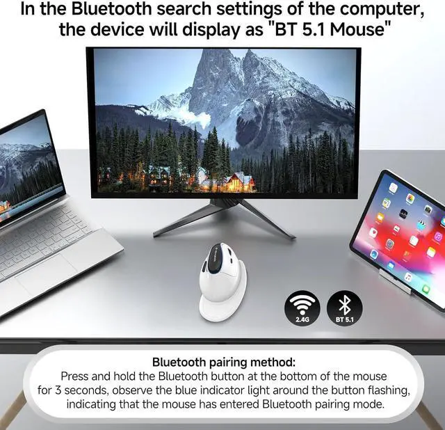 Alt view image 5 of 7 - J-Tech Digital Vertical Ergonomic Wireless Mouse  Bluetooth Dual Mode + USB Dongle, Rechargeable, 2.4GHz, Adjustable DPI 3200, for Laptop, Desktop, PC, Mac [V638W]