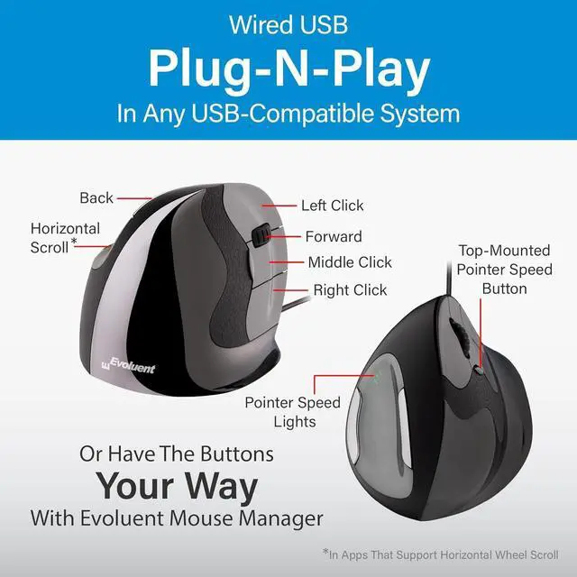 Alt view image 6 of 7 - Evoluent  Inventor of The Vertical Mouse  VMDS Ergonomic Vertical Mouse Right Hand Small Wired USB, Sculpted for Comfort, Reduces Wrist Strain, 4 Speeds, 6 Customizable Buttons in Windows