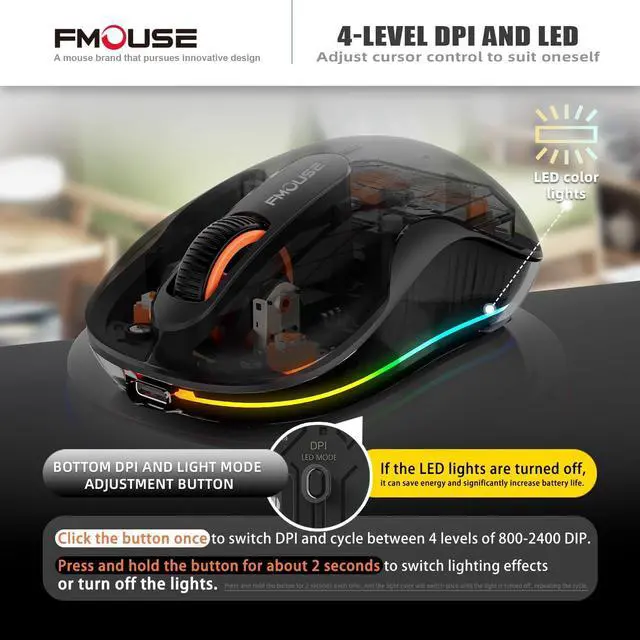 Alt view image 4 of 6 - Novel Transparent Wireless Mouse, Tri-Mode (Dual Bluetooth+2.4GHz), USB-C Receiver Ideal for MacBook/Laptops/PC, Rechargeable, Portable, Silent, Clear Mice for Business Trips & Office - Black