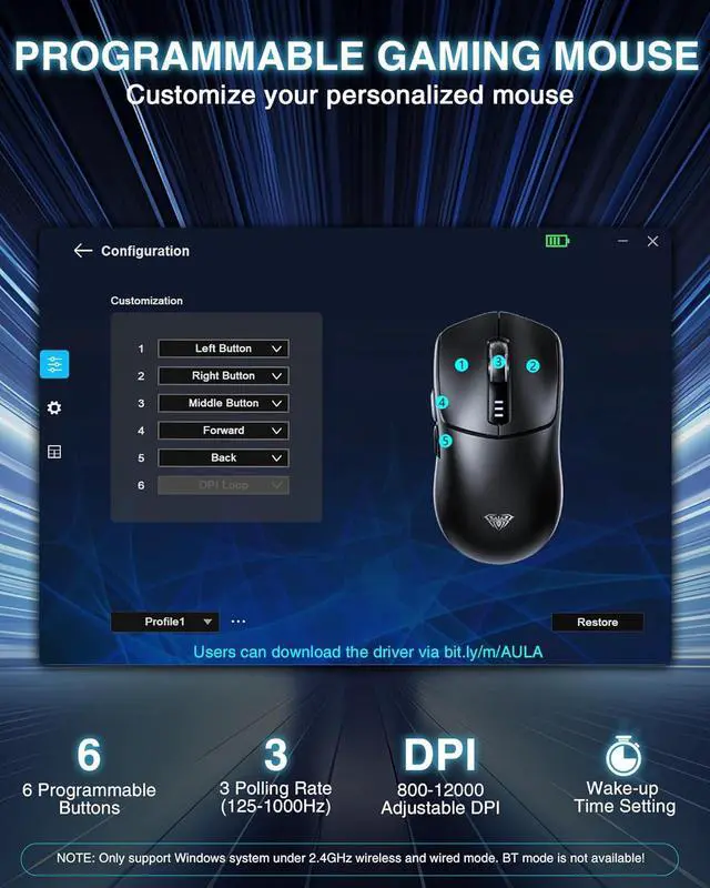 Alt view image 7 of 7 - AULA SC580 Wireless Gaming Mouse, Tri-Mode 2.4G/BT5.0/USB-C Gaming Mouse, 12000 DPI Rechargeable Wireless Mouse with 6 Programmable Buttons, Ergonomic Computer Mouse for Laptop/PC/Mac/Tablet