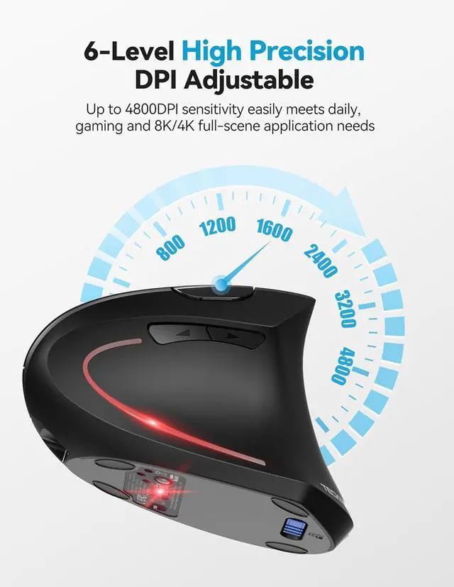 Alt view image 3 of 7 - Ergonomic Mouse Rechargeable 2.4G+Bluetooth Vertical Mice 6 DPI Adjustable Wireless Optical Carpal Tunnel Mouse Right Hand Multi Device for Laptop PC Computer MacBook iPad - Black