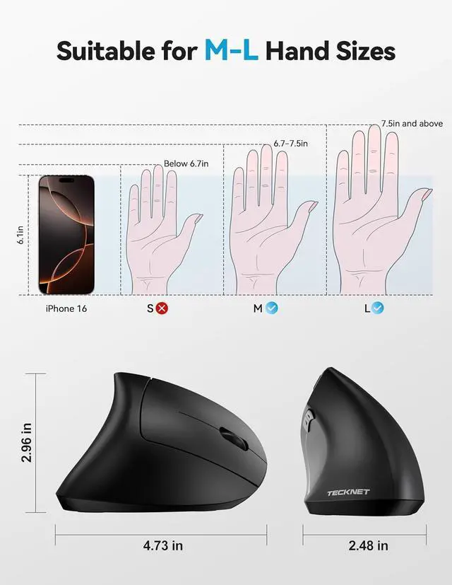 Alt view image 5 of 7 - Ergonomic Mouse Rechargeable 2.4G+Bluetooth Vertical Mice 6 DPI Adjustable Wireless Optical Carpal Tunnel Mouse Right Hand Multi Device for Laptop PC Computer MacBook iPad - Black