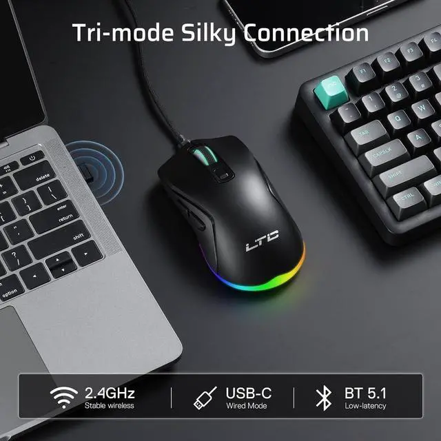 Alt view image 3 of 7 - LTC GM025 Tri-Mode Wireless Gaming Mouse,12000 DPI PAW3311 Sensor, Ergonomic Mouse 2.4Ghz/BT/Wired, 6 Programmable Buttons, Customizable RGB Lighting, Pro Software