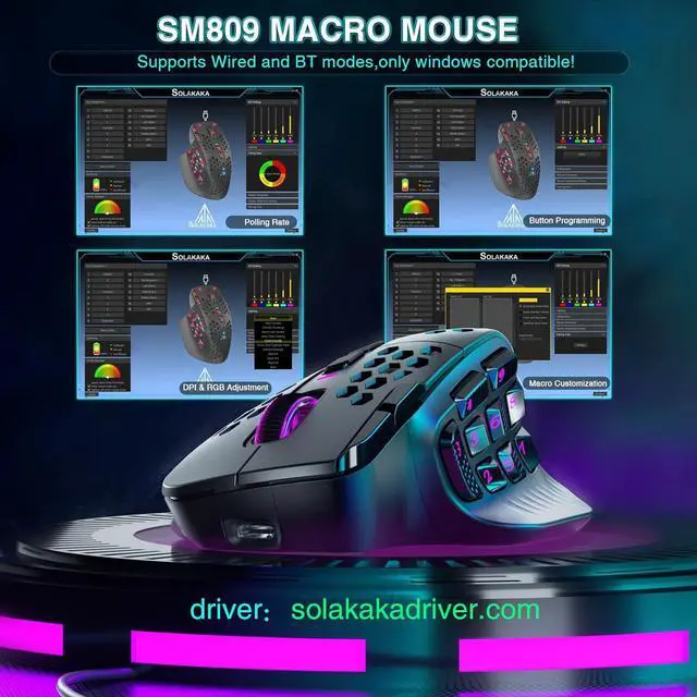 Alt view image 4 of 7 - SM809 Pro Wireless MMO Gaming Mouse with 9 Side Buttons,24000 DPI,Triple Connectivity (2.4G/BT5.0/Wired) RGB MMO Mouse for Gamer,16 Programmable Macros,Up to 350H Battery Life,Black