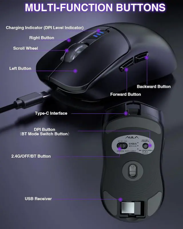 Alt view image 5 of 7 - AULA SC580 Wireless Gaming Mouse, Tri-Mode 2.4G/BT5.0/USB-C Gaming Mouse, 12000 DPI Rechargeable Wireless Mouse with 6 Programmable Buttons, Ergonomic Computer Mouse for Laptop/PC/Mac/Tablet