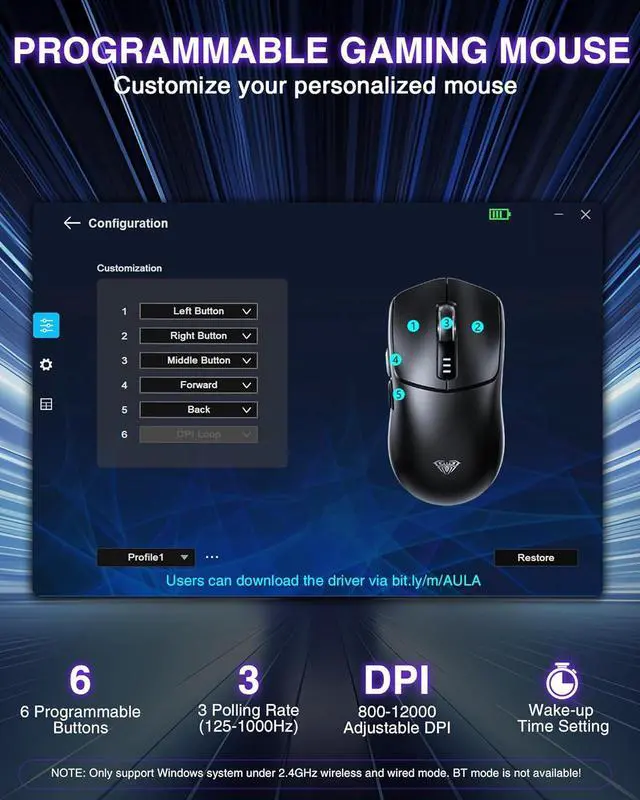 Alt view image 7 of 7 - AULA SC580 Wireless Gaming Mouse, Tri-Mode 2.4G/BT5.0/USB-C Gaming Mouse, 12000 DPI Rechargeable Wireless Mouse with 6 Programmable Buttons, Ergonomic Computer Mouse for Laptop/PC/Mac/Tablet