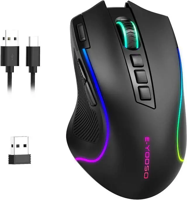 Main image of E-YOOSO Gaming Mouse, Tri-Modes Wireless/Bluetooth/Wired Rechargeable RGB Gamer Mouse with 2 Side Buttons, Rapid Fire Key, 8000 DPI, 6 Backlit Modes, 9 Programmable Buttons Macro