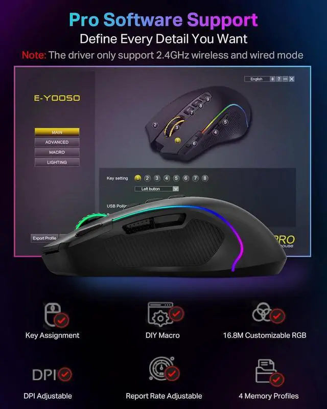 Alt view image 2 of 7 - E-YOOSO Gaming Mouse, Tri-Modes Wireless/Bluetooth/Wired Rechargeable RGB Gamer Mouse with 2 Side Buttons, Rapid Fire Key, 8000 DPI, 6 Backlit Modes, 9 Programmable Buttons Macro