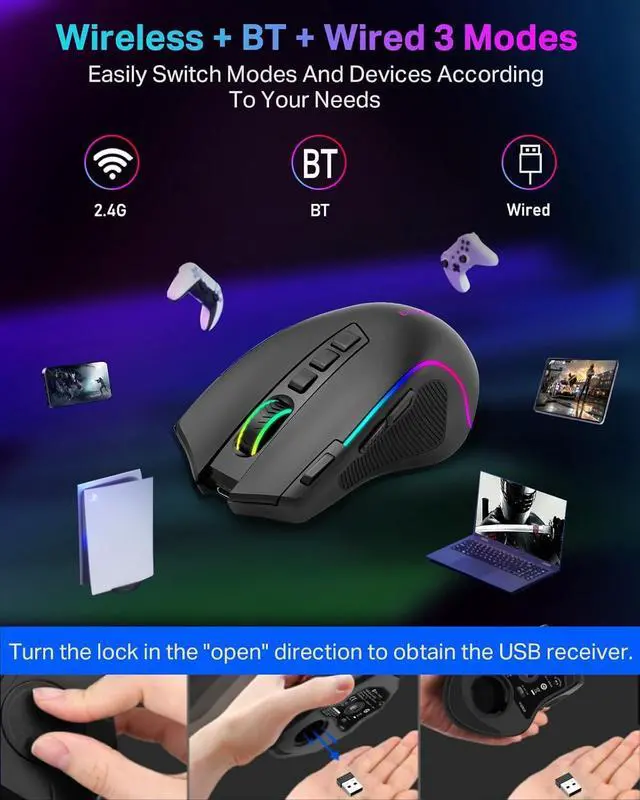 Alt view image 3 of 7 - E-YOOSO Gaming Mouse, Tri-Modes Wireless/Bluetooth/Wired Rechargeable RGB Gamer Mouse with 2 Side Buttons, Rapid Fire Key, 8000 DPI, 6 Backlit Modes, 9 Programmable Buttons Macro