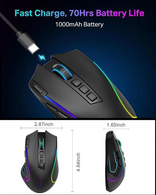 Alt view image 7 of 7 - E-YOOSO Gaming Mouse, Tri-Modes Wireless/Bluetooth/Wired Rechargeable RGB Gamer Mouse with 2 Side Buttons, Rapid Fire Key, 8000 DPI, 6 Backlit Modes, 9 Programmable Buttons Macro