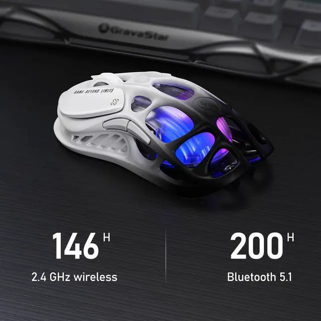 Alt view image 4 of 6 - GravaStar Mercury M1 Pro Wireless Gaming Mouse  26,000 DPI PAW3395DM Sensor - Magnesium Alloy - Wired / 2.4GHz / Bluetooth - 5 Programmable Buttons - Up to 200-Hour Battery - Gradient Black