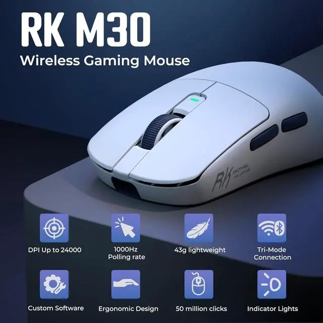 Alt view image 2 of 7 - RK ROYAL KLUDGE RK M30 Wireless Gaming Mouse, 24000 DPI, 43g Ultra-Lightweight, PAW3311 Sensor, 2.4G/Bluetooth/USB-C Rechargeable Wireless Mouse with 5 Programmable Buttons for PC/Mac, White