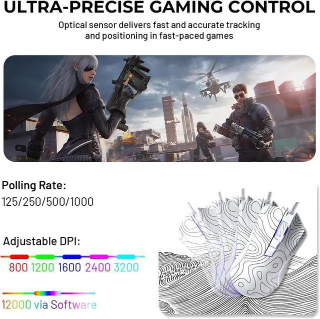 Alt view image 3 of 6 - XVX G705 Wired Gaming Mouse, 12000 DPI RGB Gaming Mouse with 12 Backlit Modes & 7 Macro Buttons, PC Gaming Mice Support DIY Keybinding, Mouse Gamer Computer Mouse for Laptop PC Mac Windows,Topographic