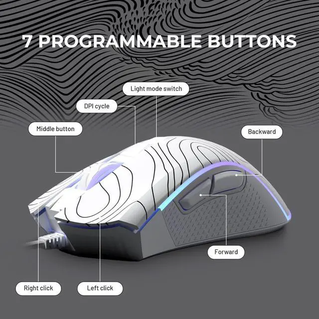 Alt view image 6 of 6 - XVX G705 Wired Gaming Mouse, 12000 DPI RGB Gaming Mouse with 12 Backlit Modes & 7 Macro Buttons, PC Gaming Mice Support DIY Keybinding, Mouse Gamer Computer Mouse for Laptop PC Mac Windows,Topographic