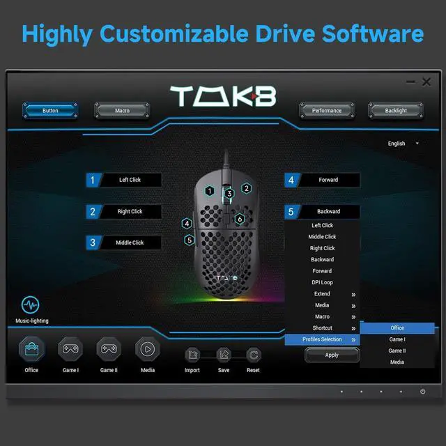 Alt view image 7 of 7 - TMKB Falcon M1SE Ultralight Honeycomb Gaming Mouse, High-Precision 12800DPI Optical Sensor, 6 Programmable Buttons, Customizable RGB, Drag-Free Paracord, Ergonomic Wired Gaming Mouse - Matte Black