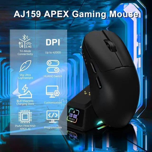 Alt view image 2 of 7 - A.JAZZ AJ159APEX 8Khz Wireless Gaming Mouse Ultralight 56g with Magnetic Screen Charging Dock 42000DPI PAW3950 Sensor Tri Mode BT/2.4Ghz/Type-c Wired Programmable for Esport FPS PC Mac Gamer(Black)