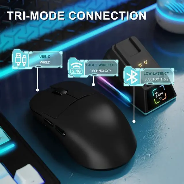Alt view image 5 of 7 - A.JAZZ AJ159APEX 8Khz Wireless Gaming Mouse Ultralight 56g with Magnetic Screen Charging Dock 42000DPI PAW3950 Sensor Tri Mode BT/2.4Ghz/Type-c Wired Programmable for Esport FPS PC Mac Gamer(Black)