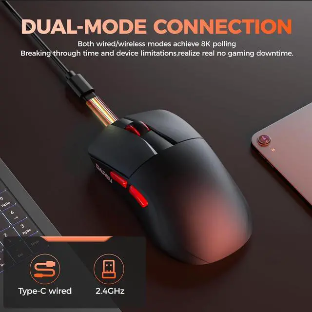 Alt view image 7 of 7 - DAREU A950 Wing 8K Lightweight Wireless Gaming Mouse 1.23oz (35g), Custom PAW3950 30K Optical Sensor, Wired/Wireless Dual 8k Polling Rate, Symmetrical, 5 Programmable Buttons,70H Battery