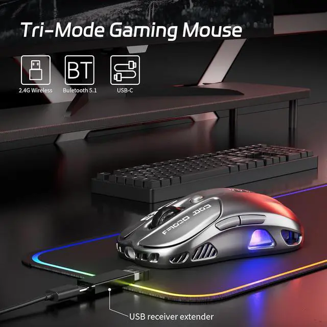 Alt view image 2 of 7 - Uciefy Z05 Wireless Gaming Mouse, Tri-Mode 2.4G/Blutooth/USB-C Wired Mouse, 6 Programmable Buttons, 12000 DPI Optical Sensor, 16.8M RGB Backlit, Ergonomic Gaming Mouse for Mac, Laptop, PC (Sliver)
