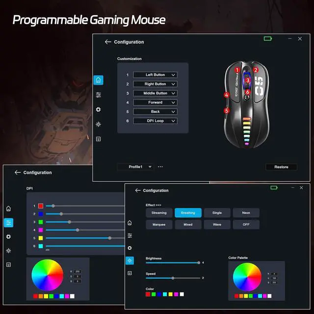 Alt view image 7 of 7 - Uciefy Z05 Wireless Gaming Mouse, Tri-Mode 2.4G/Blutooth/USB-C Wired Mouse, 6 Programmable Buttons, 12000 DPI Optical Sensor, 16.8M RGB Backlit, Ergonomic Gaming Mouse for Mac, Laptop, PC (Sliver)