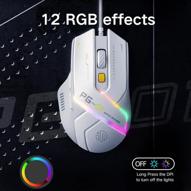 Alt view image 4 of 7 - Uineer Lightweight Gaming Wired Mouse,12800 DPI Adjustable,6 Programmable Buttons,12 RGB Breathing Mice,Ergonomic USB Optical pc Gaming Mouse,for pc,Laptop and Desktop (White)