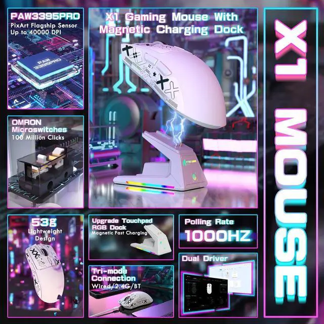 Alt view image 2 of 7 - ATTACK SHARK X1 Ultralight Wireless Gaming Mouse with Magnetic RGB Charging Dock,Anti Slip Grip Tape,PixArt PAW3395 Pro Sensor,40000DPI,BT/2.4Ghz/Wired,Optical Computer Mouse for PC Mac Gamer(White)
