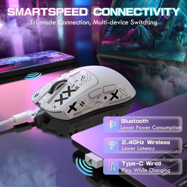 Alt view image 5 of 7 - ATTACK SHARK X1 Ultralight Wireless Gaming Mouse with Magnetic RGB Charging Dock,Anti Slip Grip Tape,PixArt PAW3395 Pro Sensor,40000DPI,BT/2.4Ghz/Wired,Optical Computer Mouse for PC Mac Gamer(White)