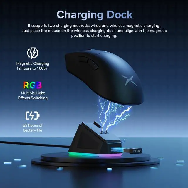 Alt view image 3 of 7 - DeLUX M900PRO Wireless Gaming Mouse, 8000Hz Polling Rate, RGB Charging Dock, 63g Ergonomic Design, PAW3395 Sensor with 26000DPI, Programmable Buttons (Black)