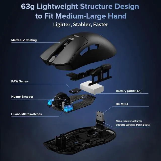 Alt view image 6 of 7 - DeLUX M900PRO Wireless Gaming Mouse, 8000Hz Polling Rate, RGB Charging Dock, 63g Ergonomic Design, PAW3395 Sensor with 26000DPI, Programmable Buttons (Black)