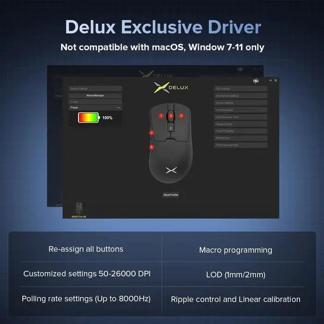 Alt view image 7 of 7 - DeLUX M900PRO Wireless Gaming Mouse, 8000Hz Polling Rate, RGB Charging Dock, 63g Ergonomic Design, PAW3395 Sensor with 26000DPI, Programmable Buttons (Black)