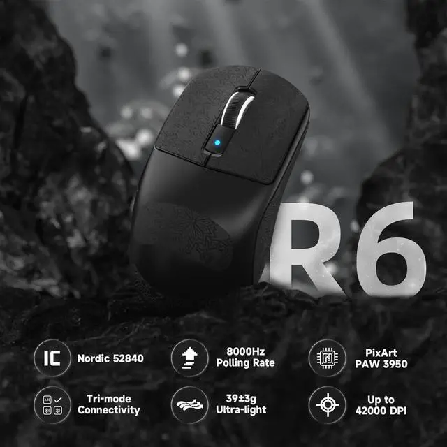 Alt view image 2 of 7 - ATTACK SHARK R6PRO 39g Superlight Wireless Gaming Mouse,PixArt PAW3950MAX 42000 DPI,MCU Nodic 52840 Computer Mouse,8K Polling Rate Web Driver,BT/2.4Ghz/Wired Tri-Mode Mice with Coiled Cable-Black&Tape