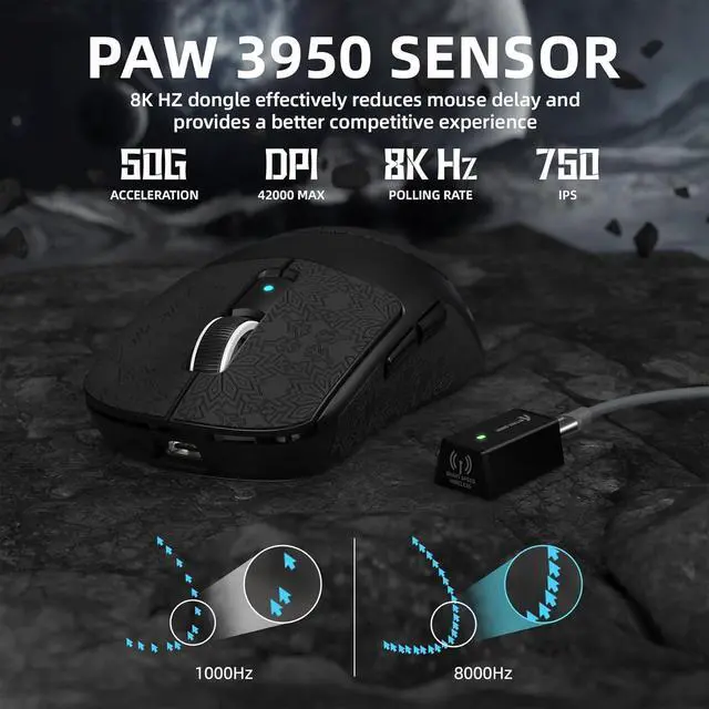 Alt view image 4 of 7 - ATTACK SHARK R6PRO 39g Superlight Wireless Gaming Mouse,PixArt PAW3950MAX 42000 DPI,MCU Nodic 52840 Computer Mouse,8K Polling Rate Web Driver,BT/2.4Ghz/Wired Tri-Mode Mice with Coiled Cable-Black&Tape