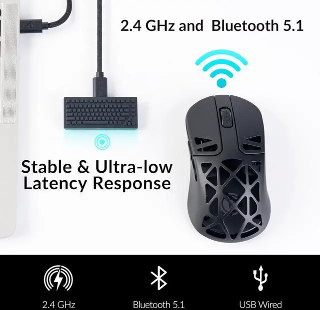 Alt view image 3 of 7 - M3 Mini 4K Wireless Mouse Signature Edition 5.1/2.4 GHz/Wired Optical Mouse, Ultra-Lightweight 55g Programmable PixArt 3395 Sensor with up to 26,000 DPI/ 650 IPS for Windows Mac Linux - Black