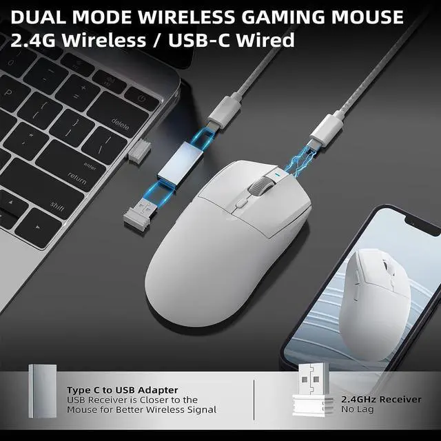 Alt view image 3 of 7 - A.JAZZ AJ139 G Pro Wireless Gaming Mouse Ultra-lightweight 59g with Dual Mode-Type C Wired/2.4Ghz USB Receiver up to 26000DPI 6 Programmable Button Ergonomic Symmetric for PS4 XBox PC Mac Gamer(White)
