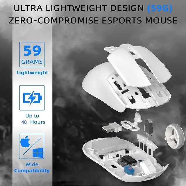 Alt view image 4 of 7 - A.JAZZ AJ139 G Pro Wireless Gaming Mouse Ultra-lightweight 59g with Dual Mode-Type C Wired/2.4Ghz USB Receiver up to 26000DPI 6 Programmable Button Ergonomic Symmetric for PS4 XBox PC Mac Gamer(White)