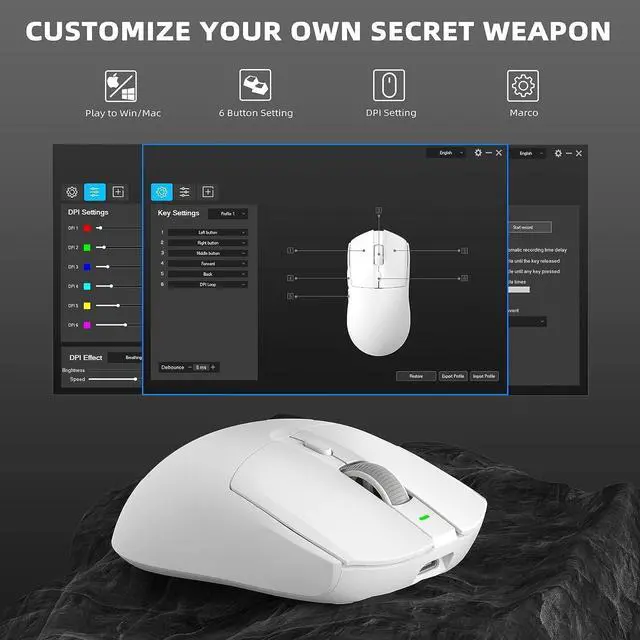 Alt view image 6 of 7 - A.JAZZ AJ139 G Pro Wireless Gaming Mouse Ultra-lightweight 59g with Dual Mode-Type C Wired/2.4Ghz USB Receiver up to 26000DPI 6 Programmable Button Ergonomic Symmetric for PS4 XBox PC Mac Gamer(White)