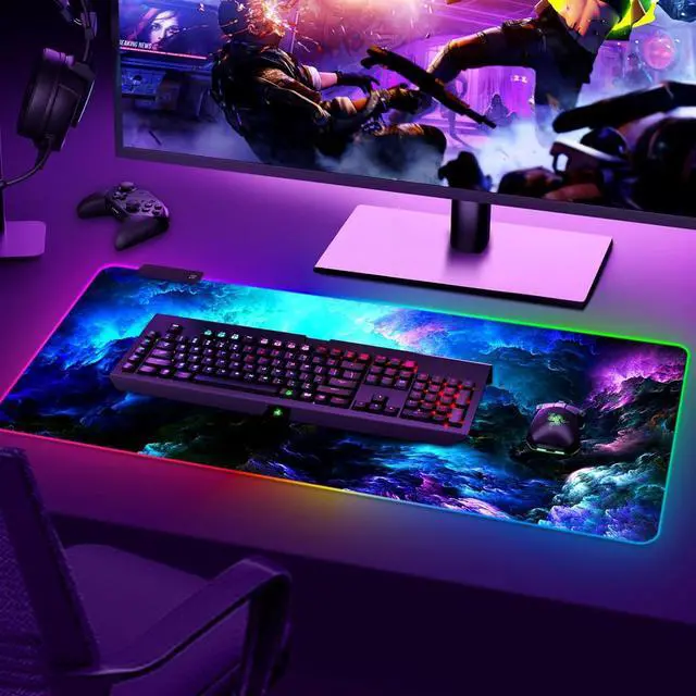 Alt view image 3 of 7 - ARTSO RGB Gaming Mouse Pad Large, Extended LED Mouse Mat XXL 35.4x15.7 inch, 14 Lighting Modes, 2 Brightness, Non-Slip Rubber Base Mousepad Waterproof Keyboard Mat,Fantasy Nebula Sky