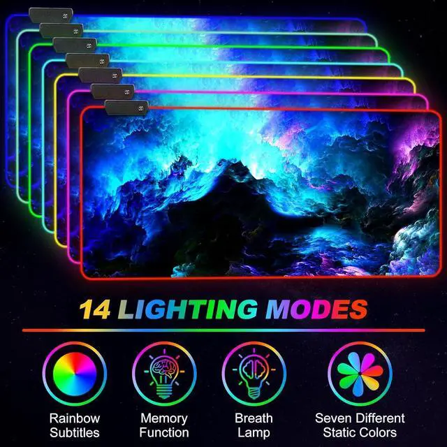 Alt view image 2 of 7 - ARTSO RGB Gaming Mouse Pad Large, Extended LED Mouse Mat XXL 35.4x15.7 inch, 14 Lighting Modes, 2 Brightness, Non-Slip Rubber Base Mousepad Waterproof Keyboard Mat,Fantasy Nebula Sky
